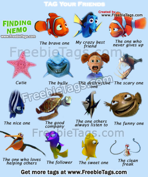 Tag your friends with Finding Nemo cartoon characters Facebook tags